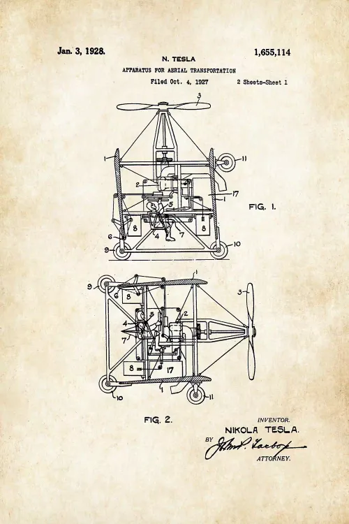 Nikola tesla(নিকোলা টেসলা) last patent.
US patent no. 1,655,114 for an apparatus for aerial transport.