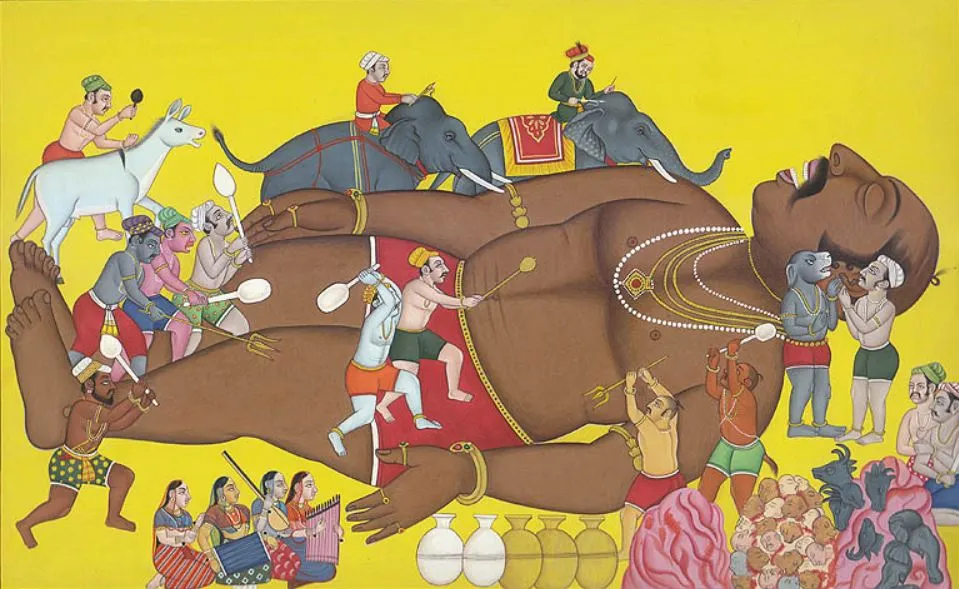 A painting of Kumbhakarna(কুম্ভকর্ণ) sleeping & people trying to wake him up for the war.